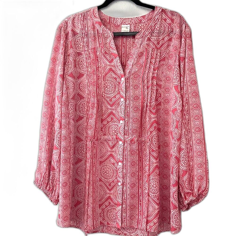NWOT Terra & Sky Plus Size 1X Pink Geometric Print Front Tie V-Neck Blouse